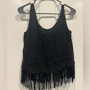 Black cropped tank top with lace, fringe bottom
